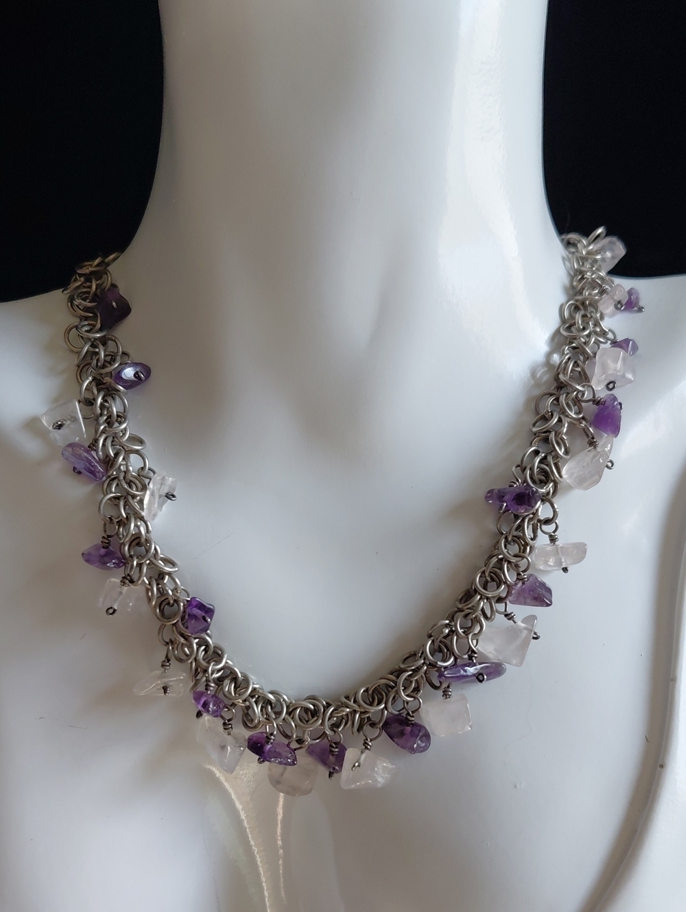 Vintage Links of London Amethyst & Rose Quartz Sterling Silver Shaker Necklace